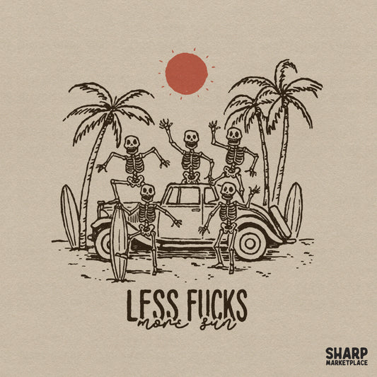 Retro summer design featuring five skeletons hanging out at the beach with a vintage car, surfboards, palm trees, and a red sun, with sarcastic text.