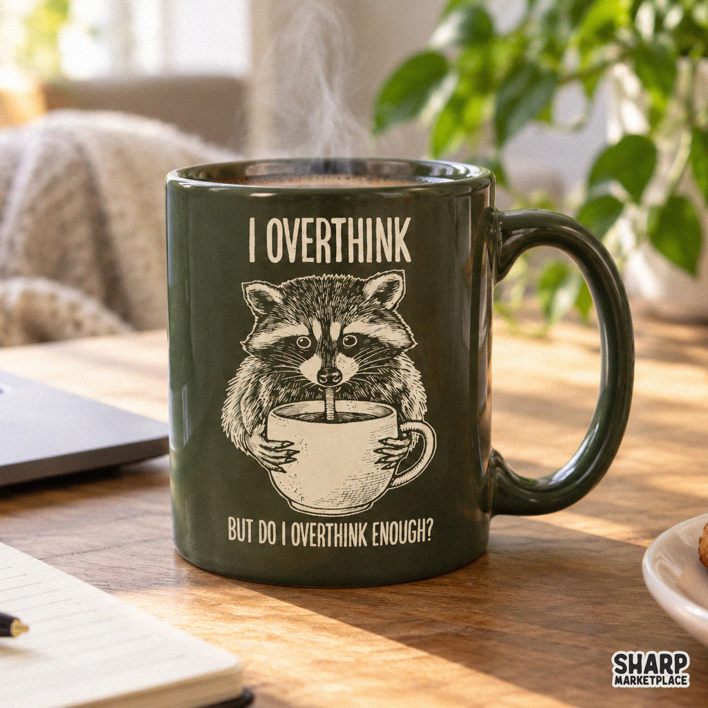 Funny raccoon drinking coffee PNG graphic with sarcastic overthinking quote for t-shirt sublimation and stickers