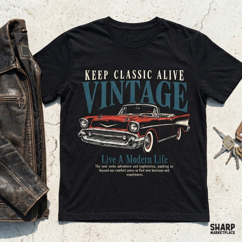 Vintage car design with Keep Classic Alive quote for retro shirt printing and print on demand PNG downloads
