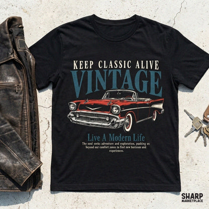 Vintage car design with Keep Classic Alive quote for retro shirt printing and print on demand PNG downloads