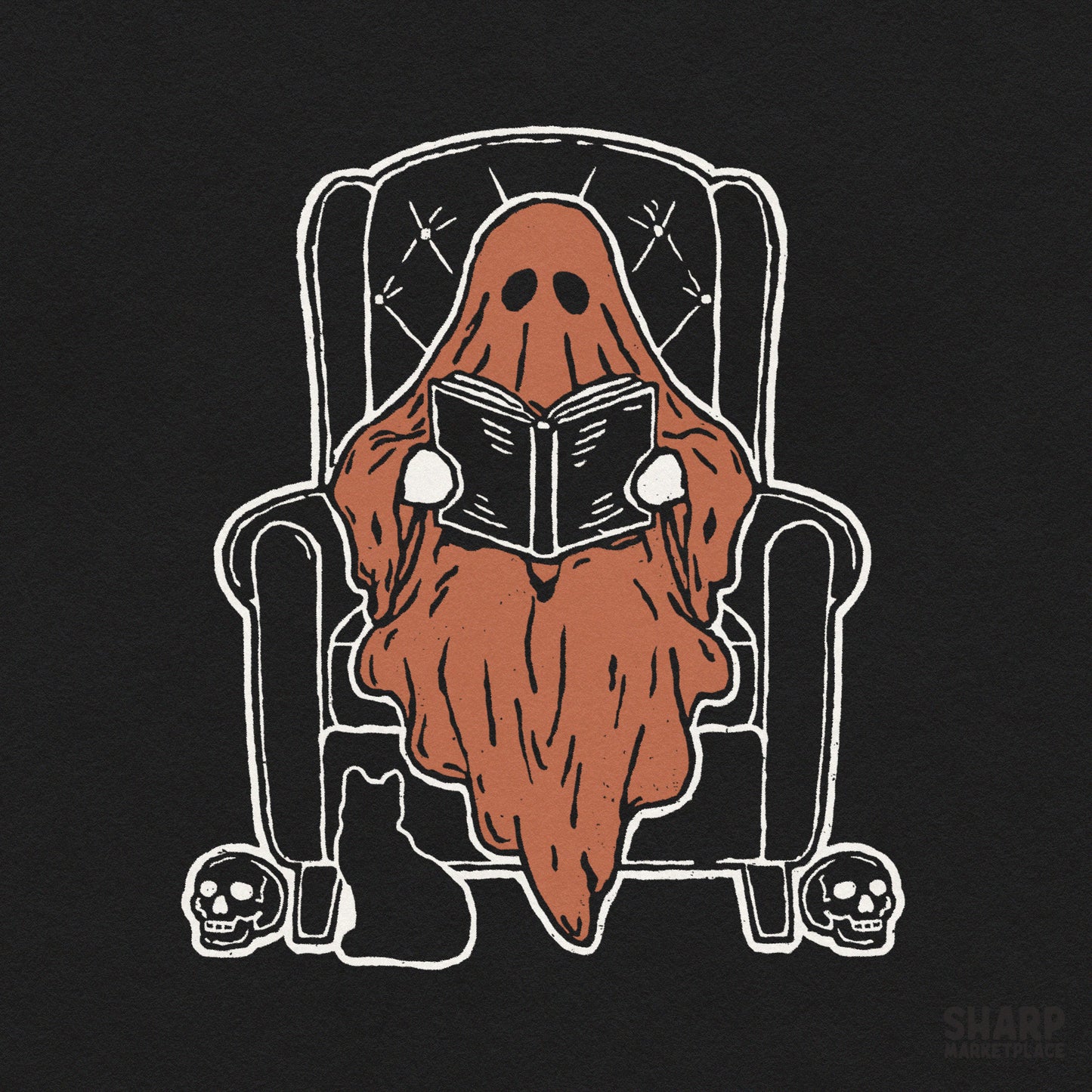 Cute ghost reading a book in an armchair for fall sublimation and spooky season merchandise