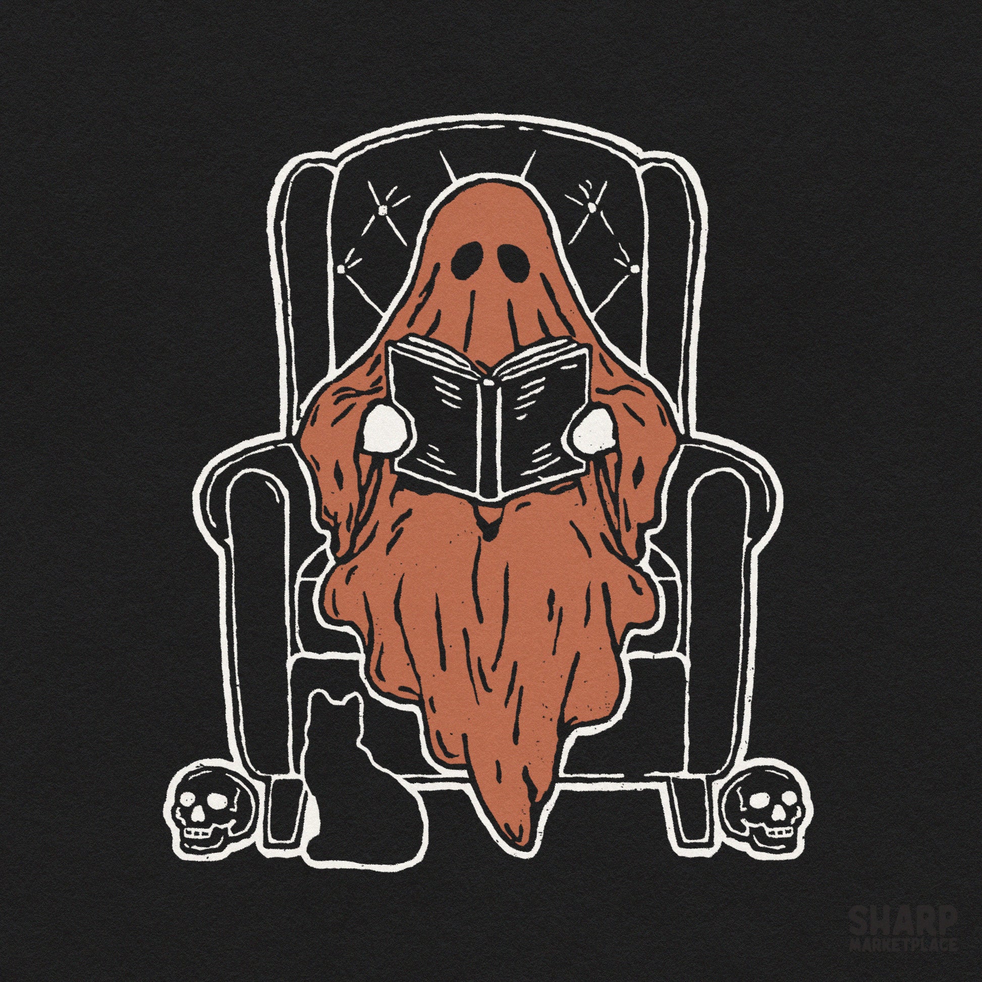 Cute ghost reading a book in an armchair for fall sublimation and spooky season merchandise