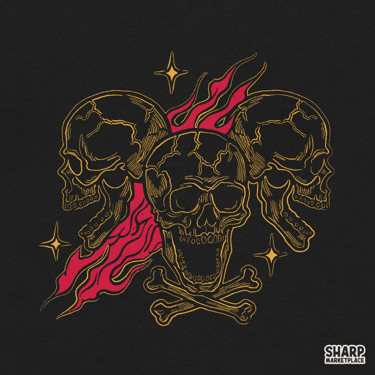 Three screaming skulls with burning red flames and crossbones in an edgy biker tattoo flash PNG style for Halloween shirts