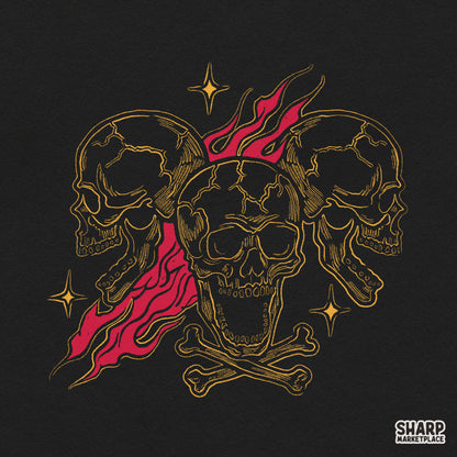 Three screaming skulls with burning red flames and crossbones in an edgy biker tattoo flash PNG style for Halloween shirts