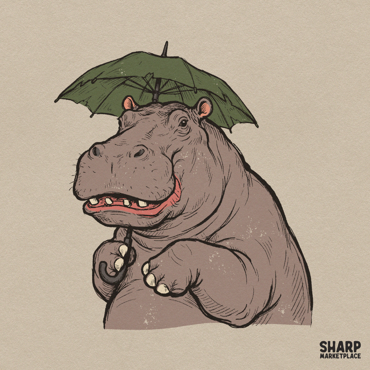 Cute smiling hippopotamus holding a green umbrella png sublimation design for rainy day t-shirts and craft projects