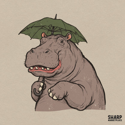 Cute smiling hippopotamus holding a green umbrella png sublimation design for rainy day t-shirts and craft projects