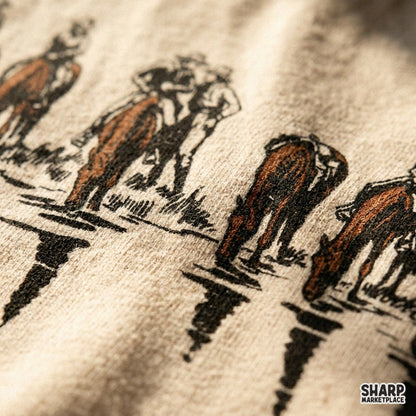 Rustic cowboys riding horses at the river, vintage western PNG silhouette graphic perfect for sublimation shirt design