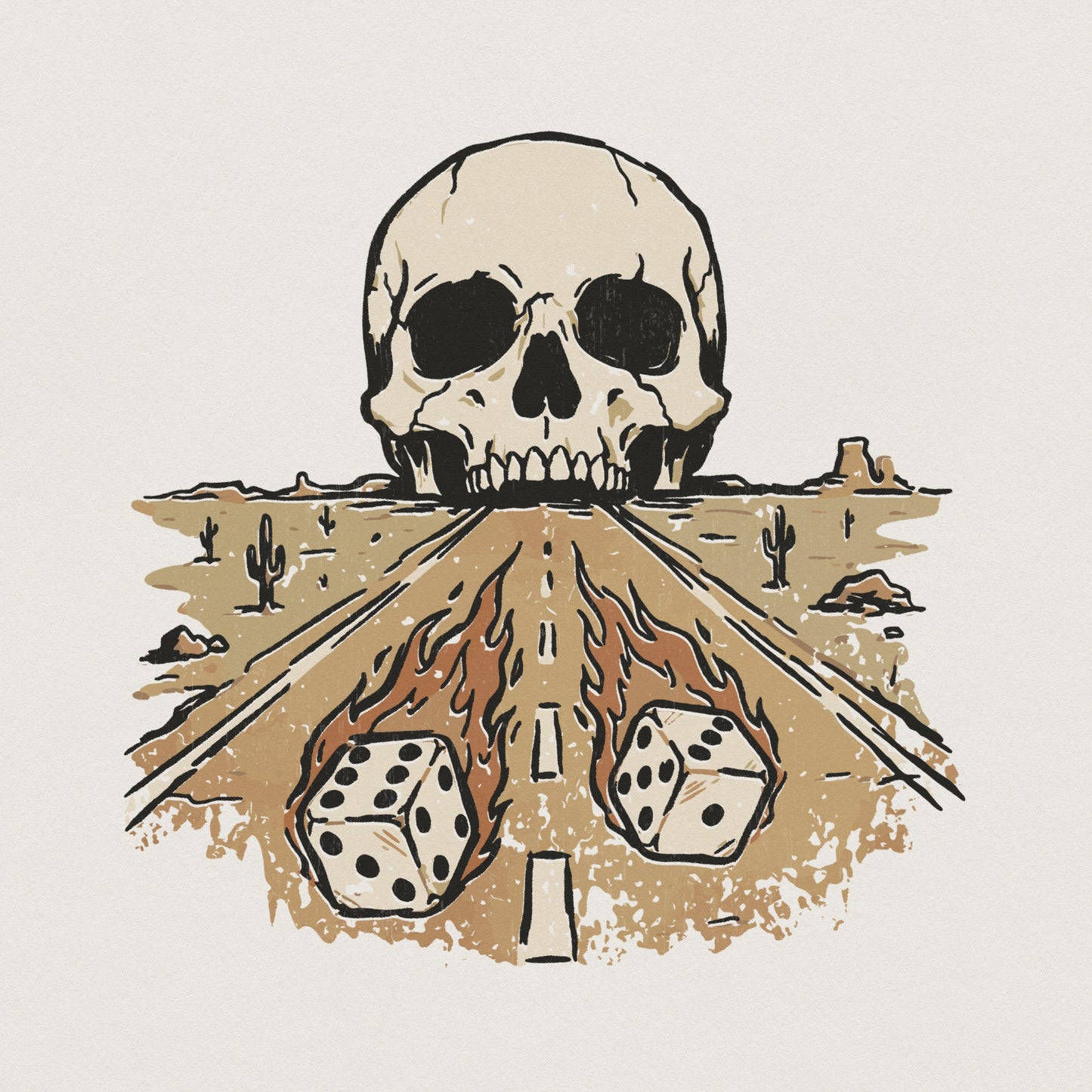 Desert Highway Skull PNG, Dice Flames Art - 300 DPI Design for T-Shirt