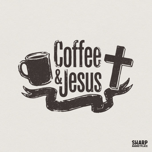Rustic Coffee and Jesus typography design with a distressed black coffee mug, a Christian cross, and a decorative banner for faith-based apparel.