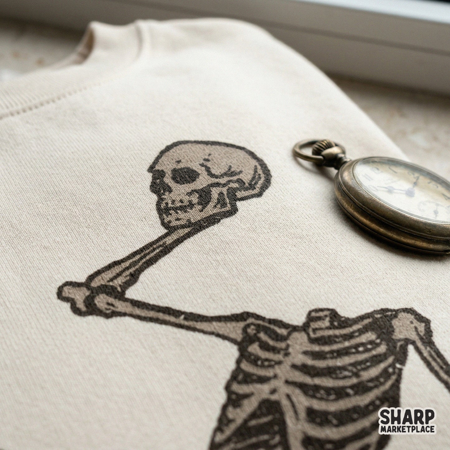Vintage-inspired skeleton graphic in a casual lounging pose, rendered in a moody brown color palette for unique DIY Halloween projects and wall art.