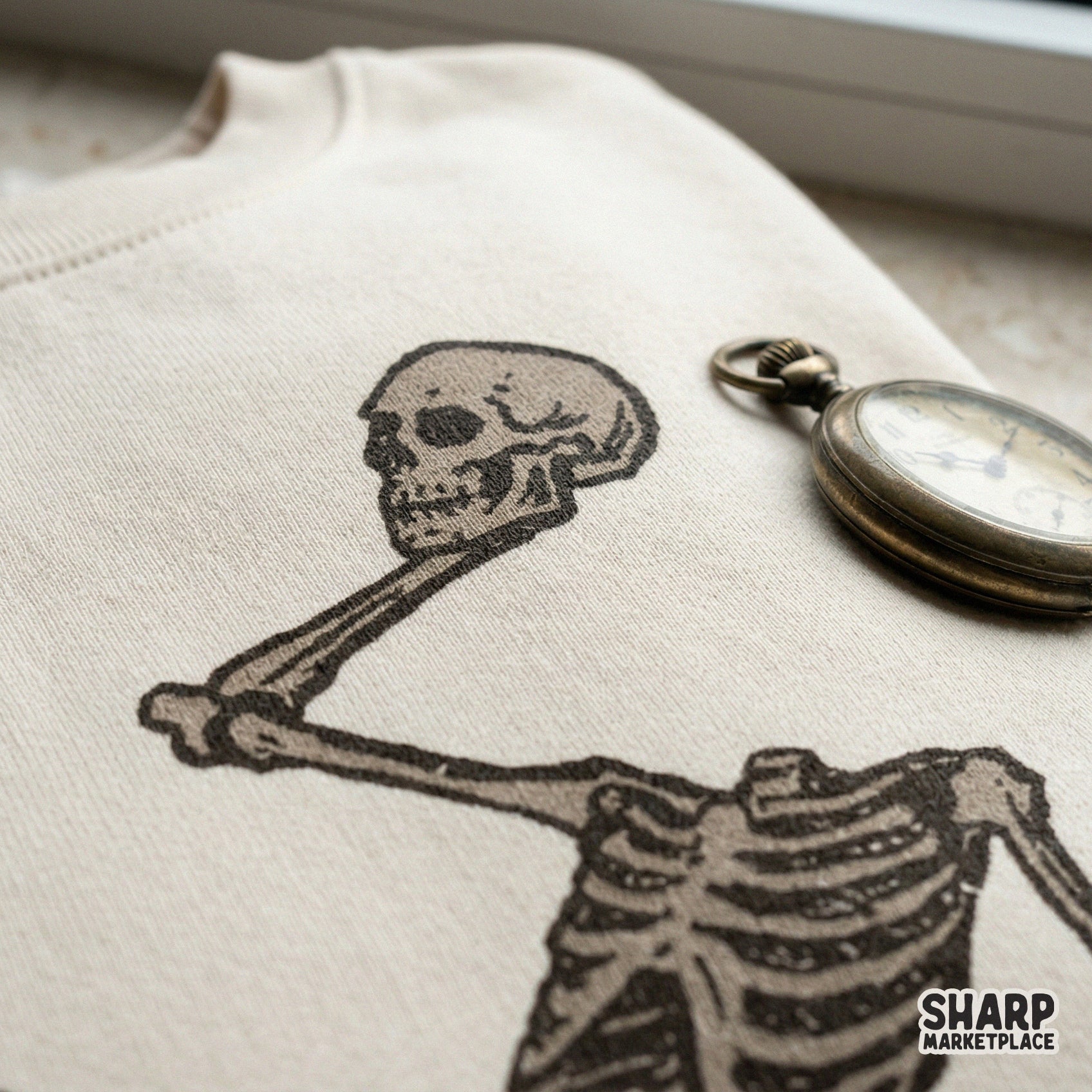 Vintage-inspired skeleton graphic in a casual lounging pose, rendered in a moody brown color palette for unique DIY Halloween projects and wall art.