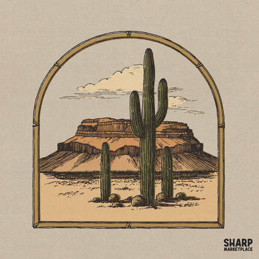 Vintage desert landscape with saguaro cacti and mesa view retro png sublimation for western cowboy apparel