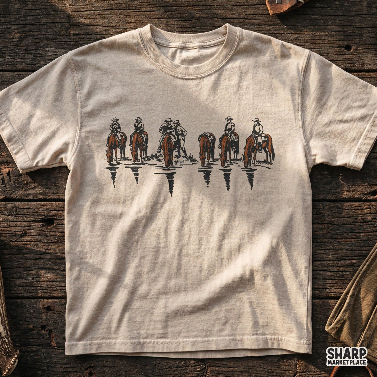 Rustic western PNG graphic featuring cowboys riding horses across a river for vintage shirt sublimation design