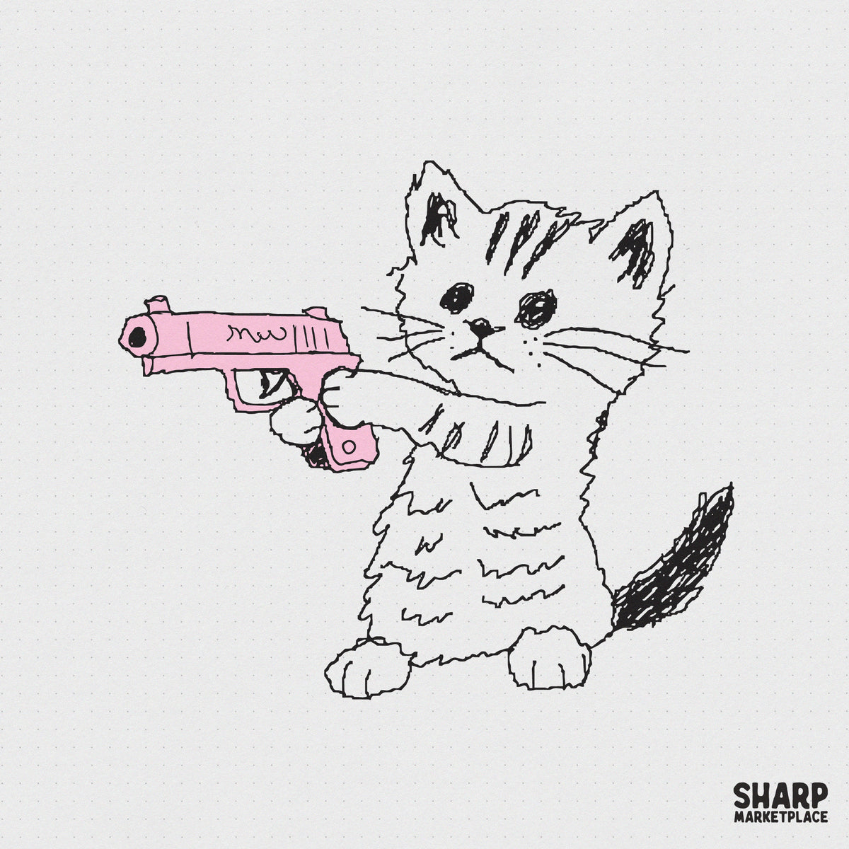 Hand drawn sketch of a cute striped kitten holding a vibrant pink toy blaster in a funny and defiant pose for sublimation or sticker projects.