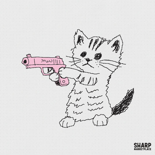 Hand drawn sketch of a cute striped kitten holding a vibrant pink toy blaster in a funny and defiant pose for sublimation or sticker projects.