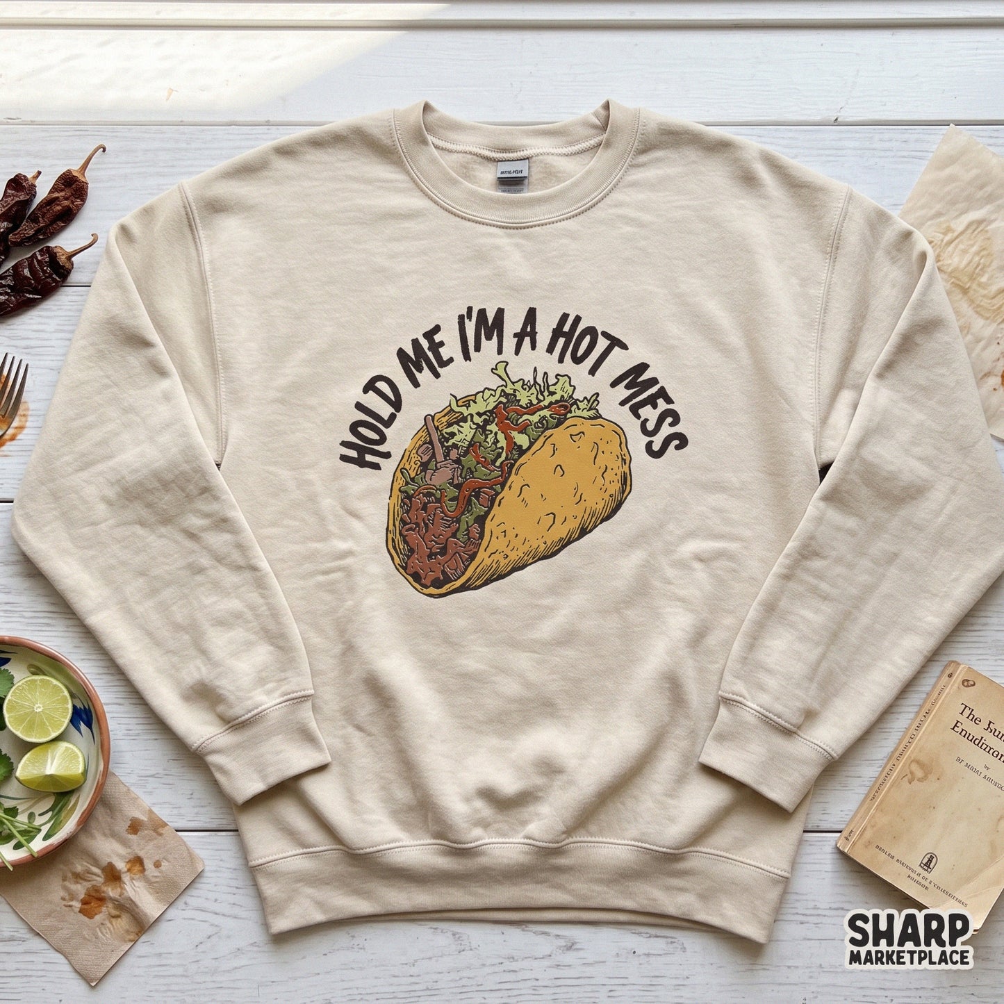 Retro sarcastic hot mess png design with taco lover quote for funny custom t-shirts and sublimation crafts