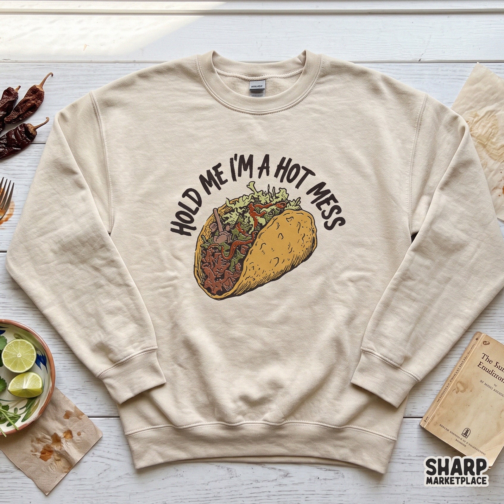Retro sarcastic hot mess png design with taco lover quote for funny custom t-shirts and sublimation crafts