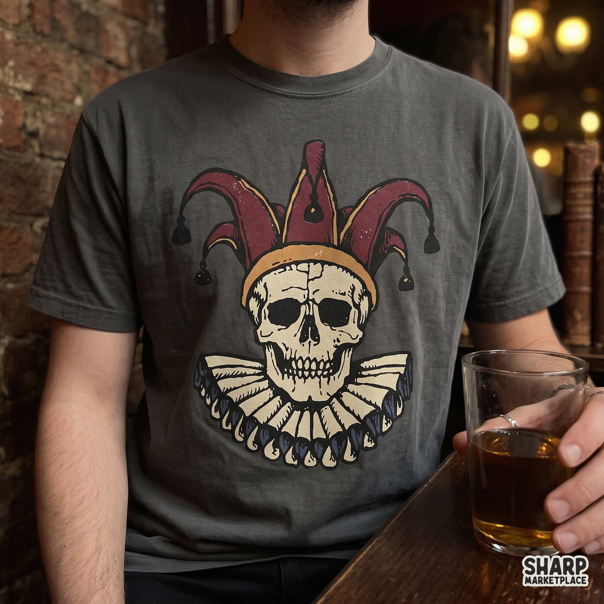 Spooky medieval jester skull with ruffled collar and hat digital PNG clipart for retro Halloween t-shirt printing