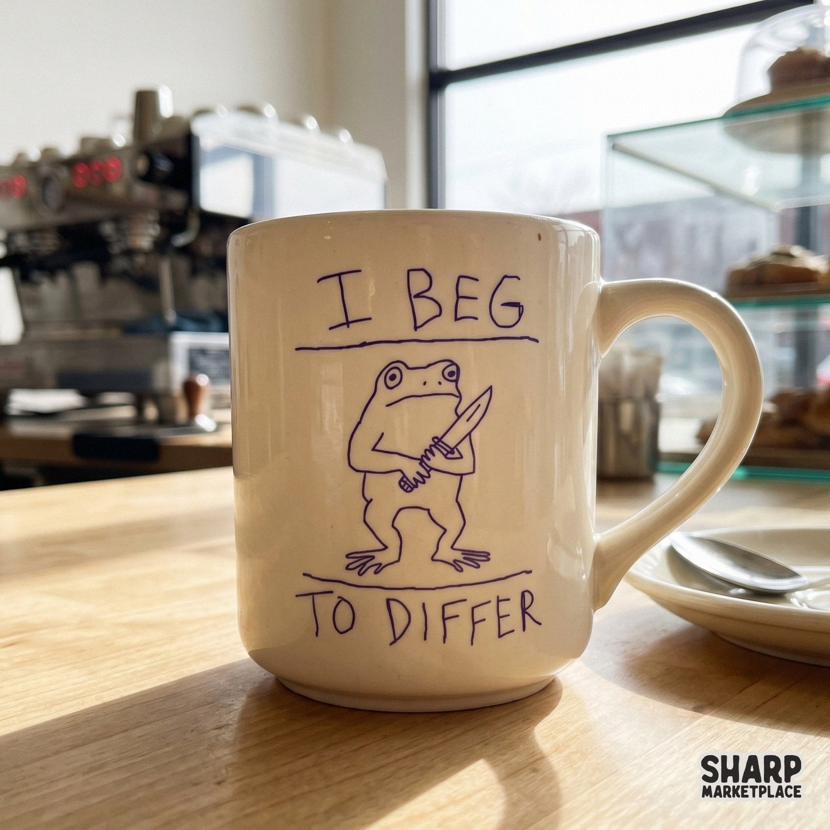 A ceramic mug featuring a purple doodle of a frog holding a knife and the text I Beg To Differ, showcasing a funny meme design for sublimation.
