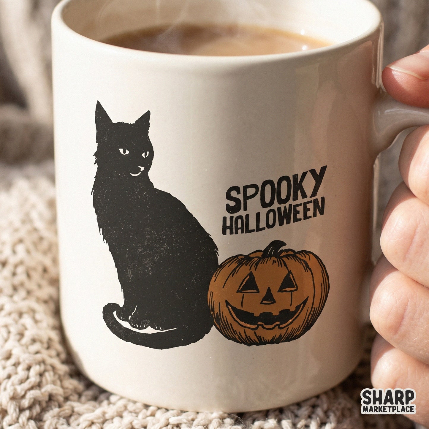 Retro spooky halloween png design featuring a black cat and jack o lantern graphic for fall sublimation shirts