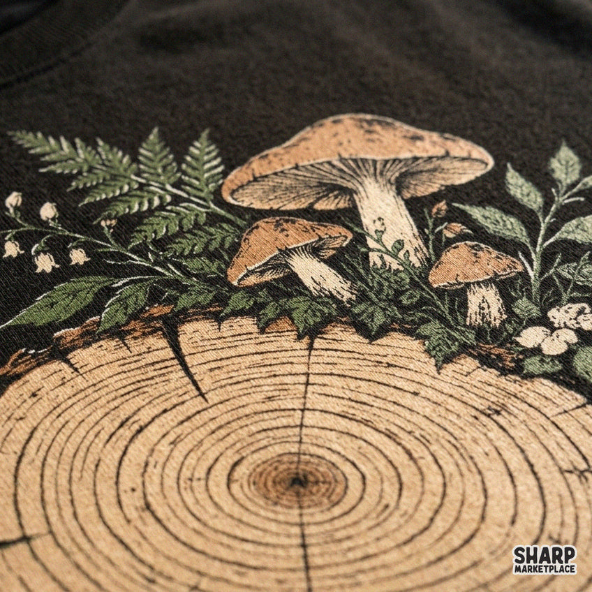 Rustic wood slice with foraged mushrooms and ferns cottagecore fall PNG graphic for sublimation and autumn decor