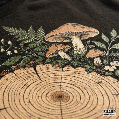 Rustic wood slice with foraged mushrooms and ferns cottagecore fall PNG graphic for sublimation and autumn decor