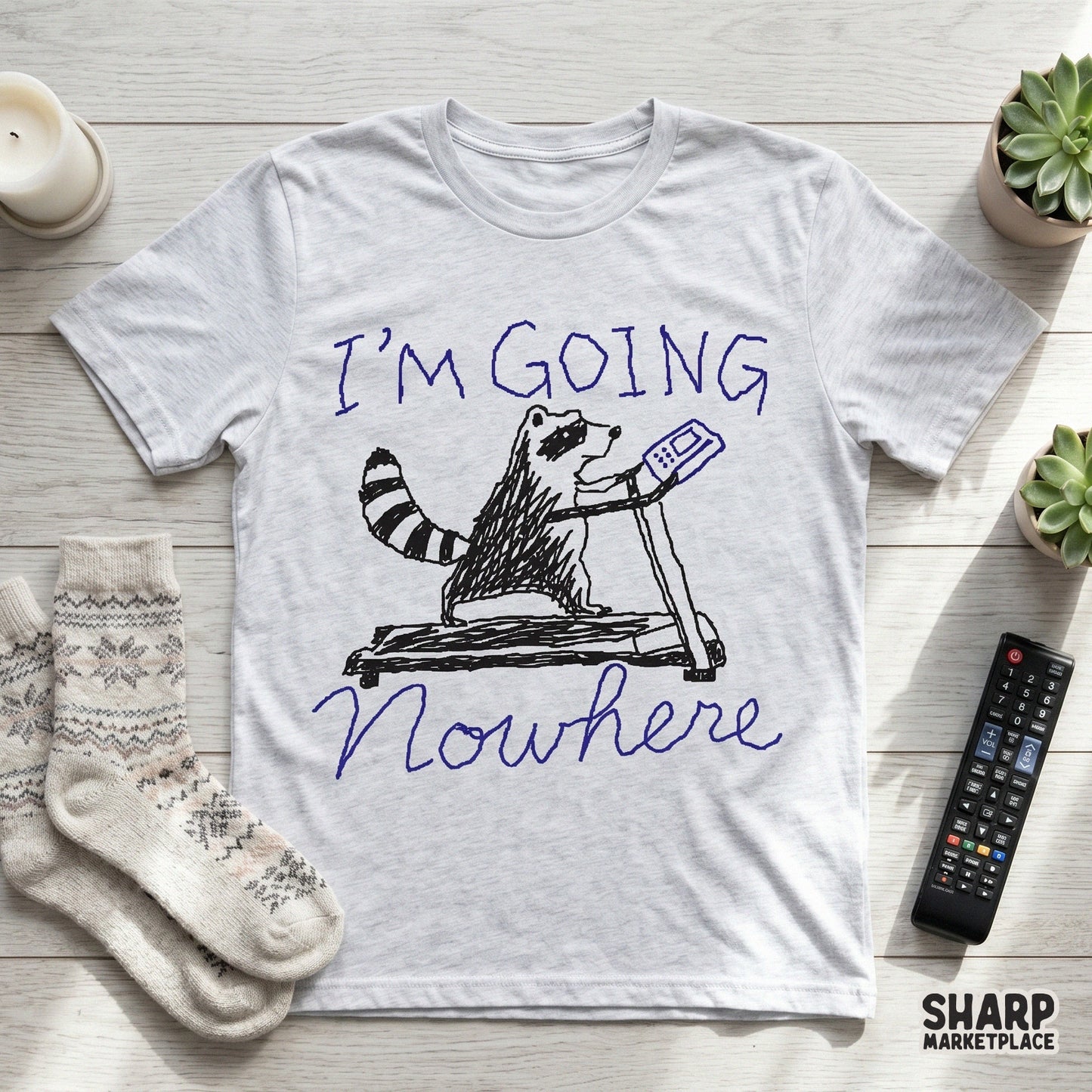 Funny workout sublimation design featuring a sketchy raccoon on a treadmill, perfect for custom t-shirts, stickers, or gym-themed DIY projects.