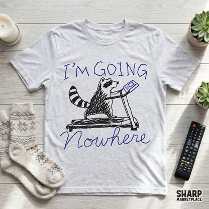 Funny workout sublimation design featuring a sketchy raccoon on a treadmill, perfect for custom t-shirts, stickers, or gym-themed DIY projects.