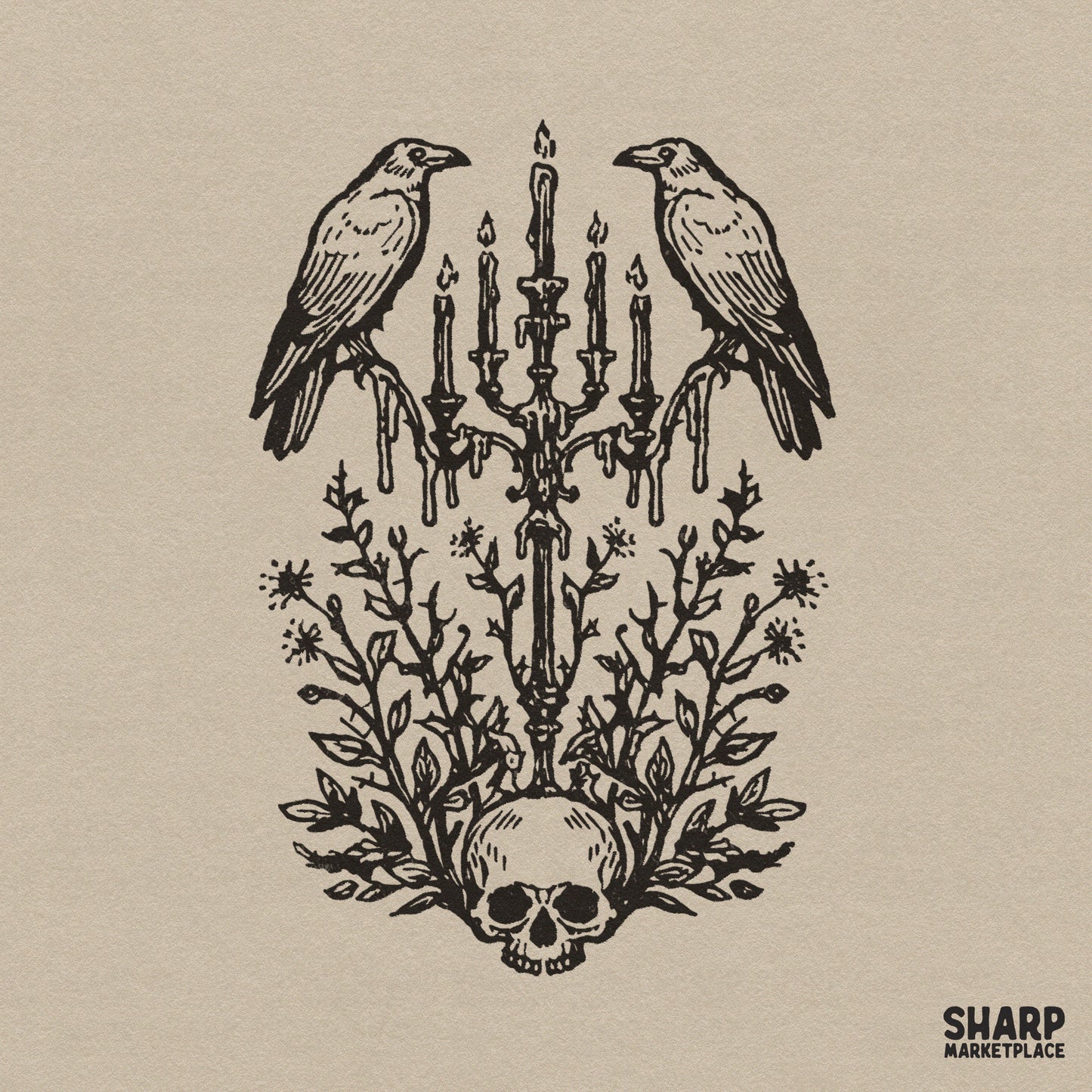 Gothic raven perched on a candelabra over a floral skull for spooky season halloween shirts and dark academia decor png