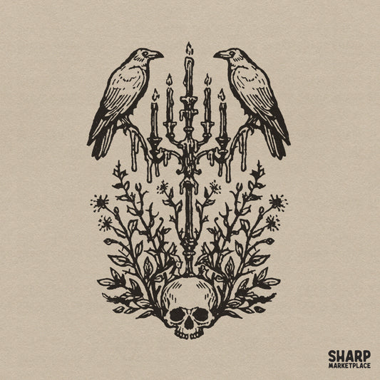 Gothic raven perched on a candelabra over a floral skull for spooky season halloween shirts and dark academia decor png