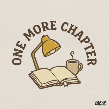 Cozy book lover digital design featuring an open book, yellow desk lamp, and steaming coffee mug with arched One More Chapter text in brown.