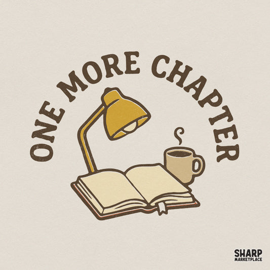 Cozy book lover digital design featuring an open book, yellow desk lamp, and steaming coffee mug with arched One More Chapter text in brown.
