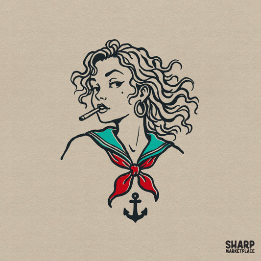 Retro sailor girl portrait with anchor charm and bow in a vintage summer pinup style for nautical shirt sublimation design