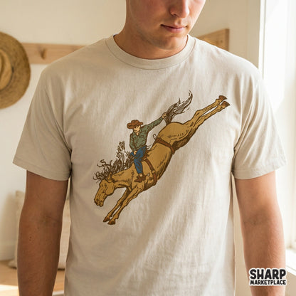 Vintage cowboy riding a bucking bronco western PNG for trendy rodeo graphic tees and wild west country music apparel design