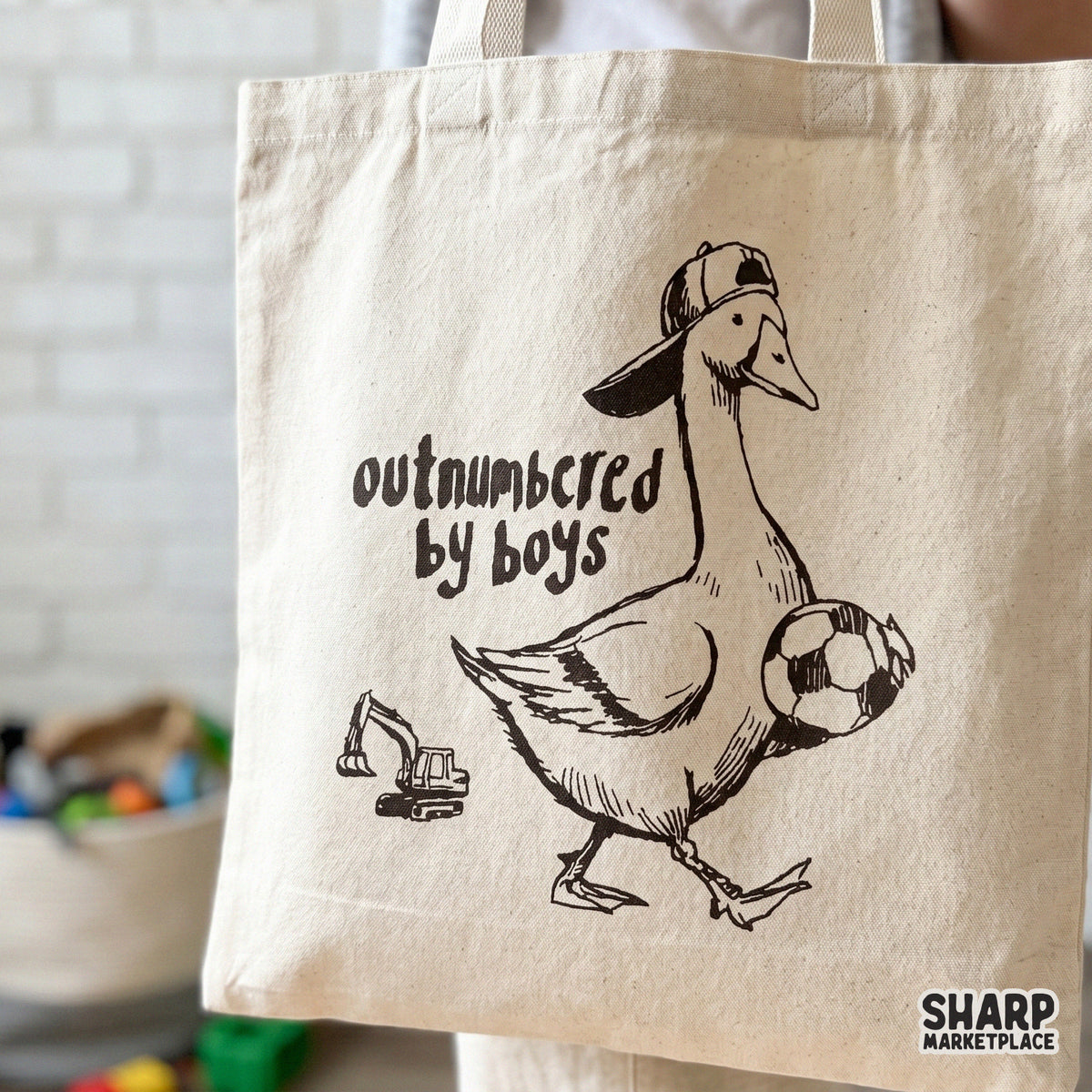 Funny boy mom digital design featuring a sketch-style goose with a soccer ball and toy truck, perfect for custom apparel, sublimation, and DIY gifts.