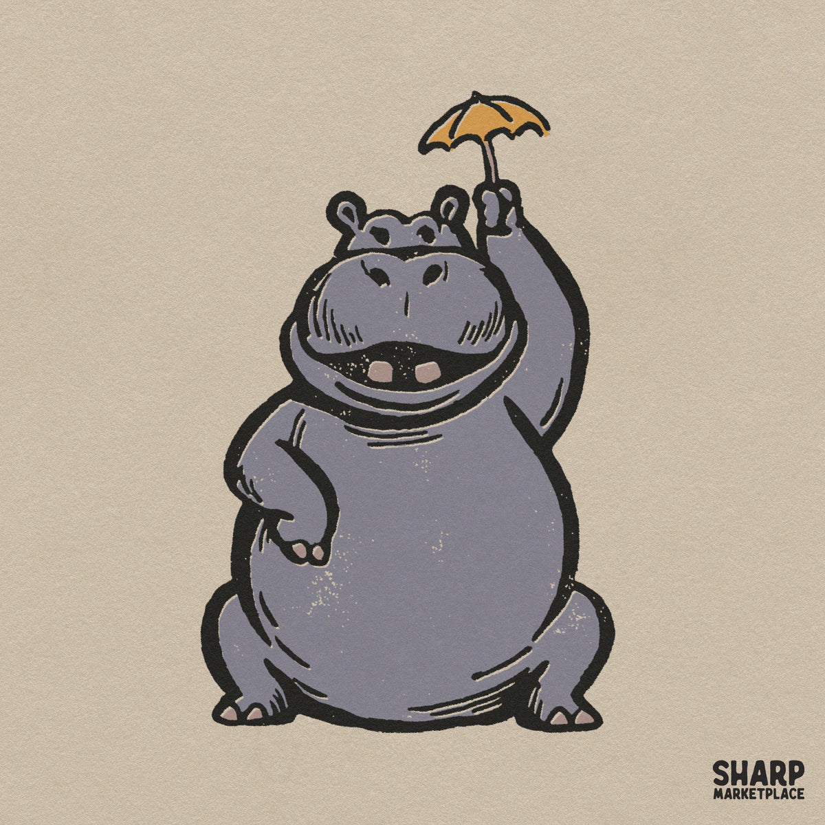 Cute chubby hippo holding a yellow umbrella kawaii retro animal clipart for funny birthday shirts and stickers