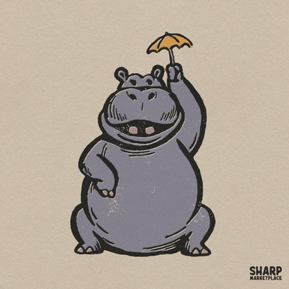 Cute chubby hippo holding a yellow umbrella kawaii retro animal clipart for funny birthday shirts and stickers