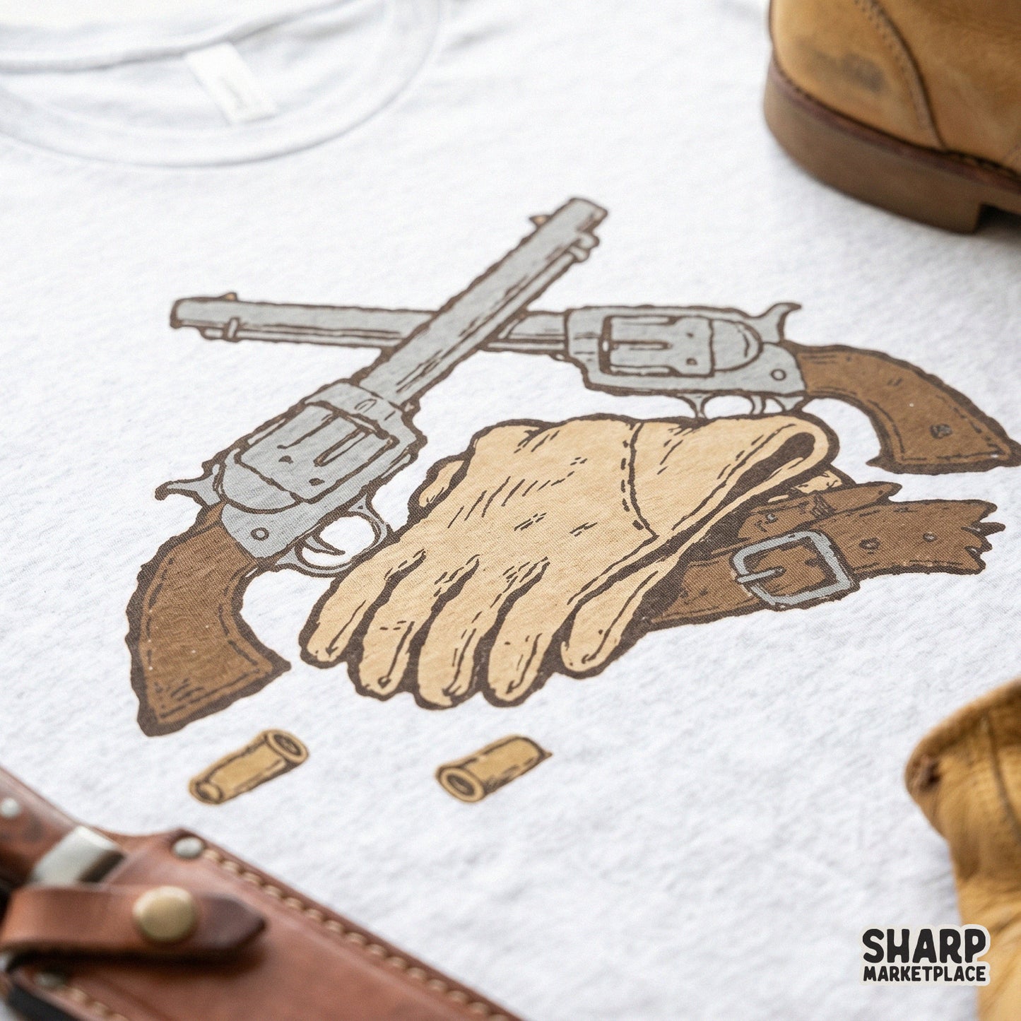 Rugged frontier-inspired digital art featuring crossed revolvers and leather accessories, ideal for creating custom stickers, tumblers, or apparel.