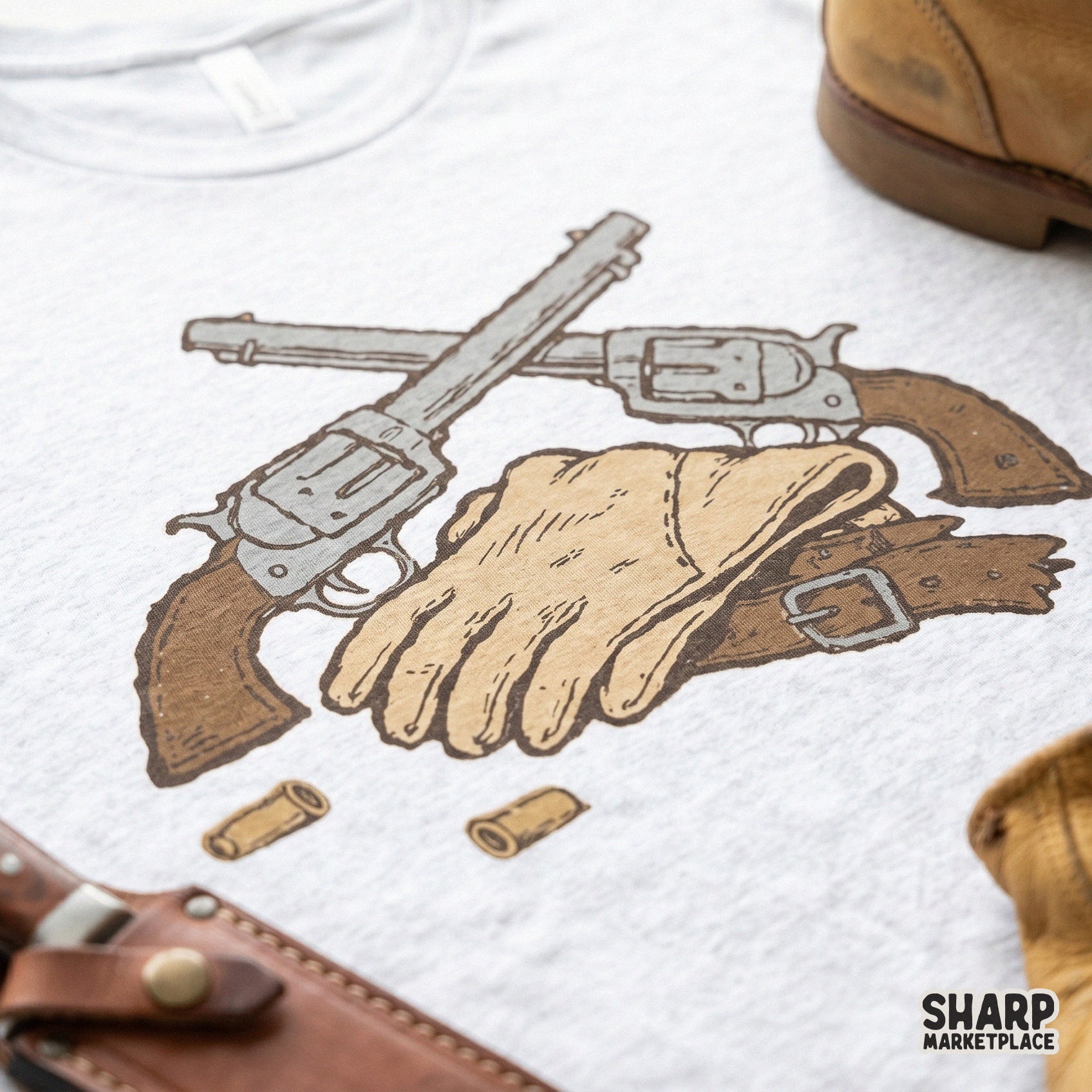 Rugged frontier-inspired digital art featuring crossed revolvers and leather accessories, ideal for creating custom stickers, tumblers, or apparel.