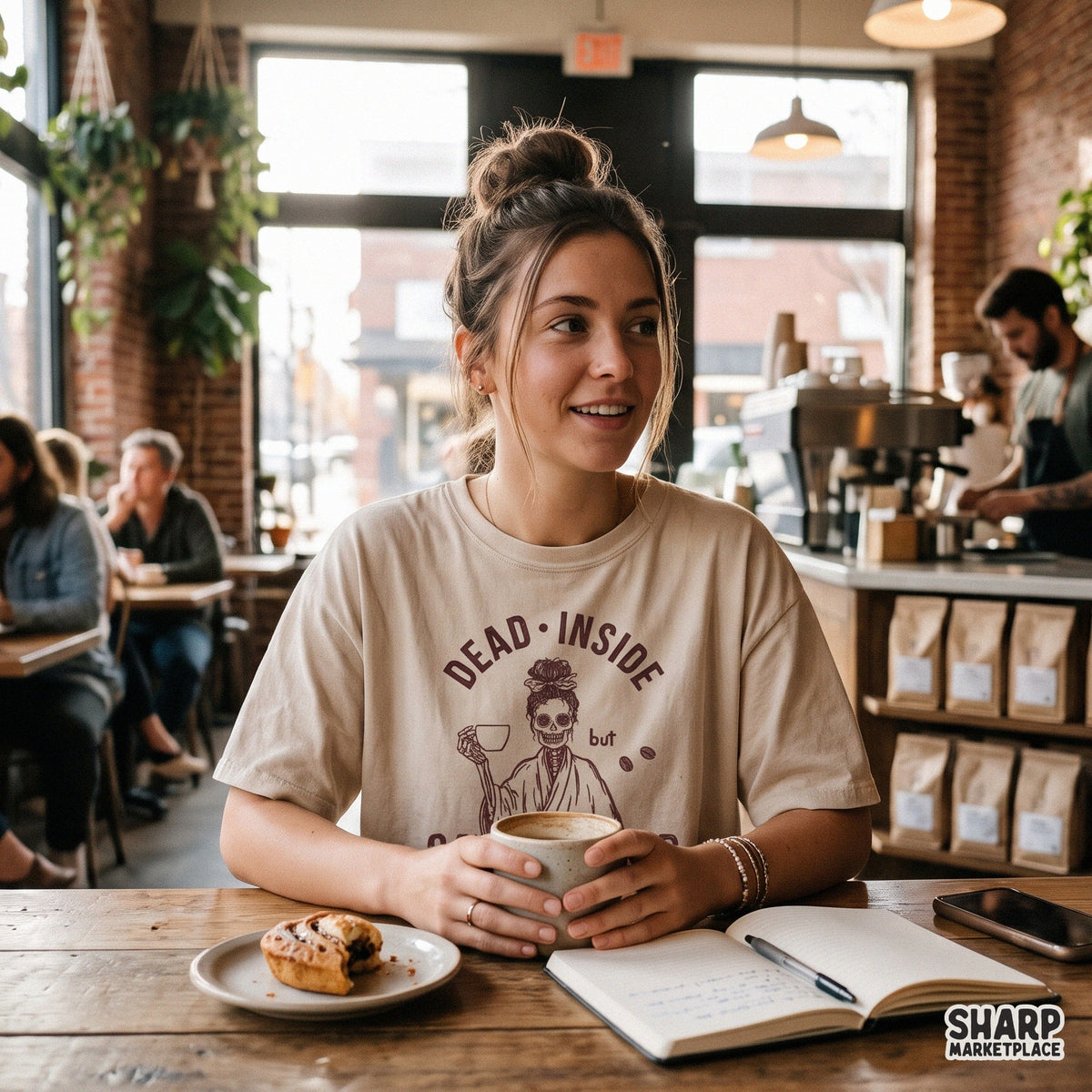 Sarcastic dead inside but caffeinated mama PNG design featuring a skull with a bow for sublimation t-shirts