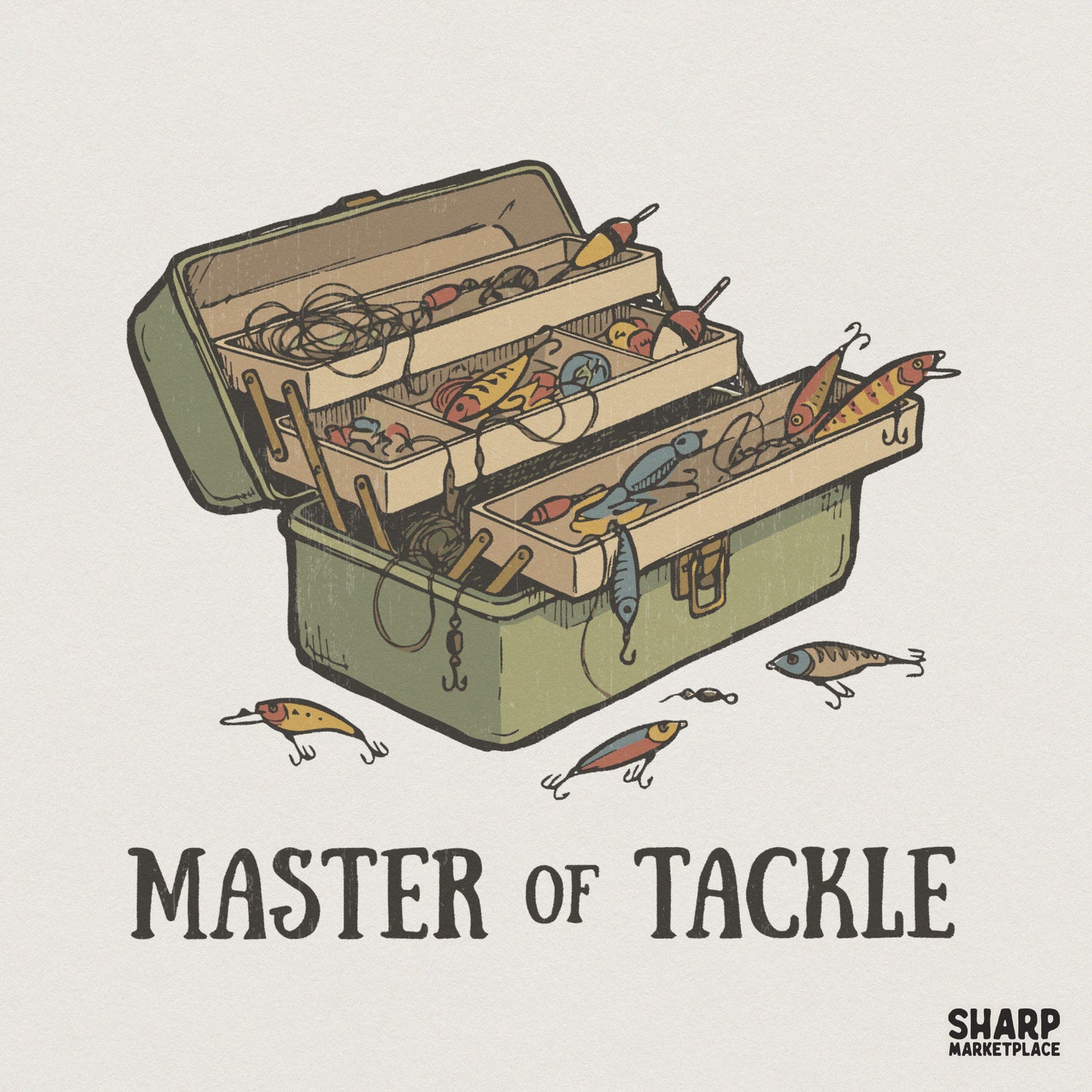 Vintage fishing tackle box illustration with colorful lures and bobbers, featuring the text Master of Tackle in a retro serif font for apparel printing.