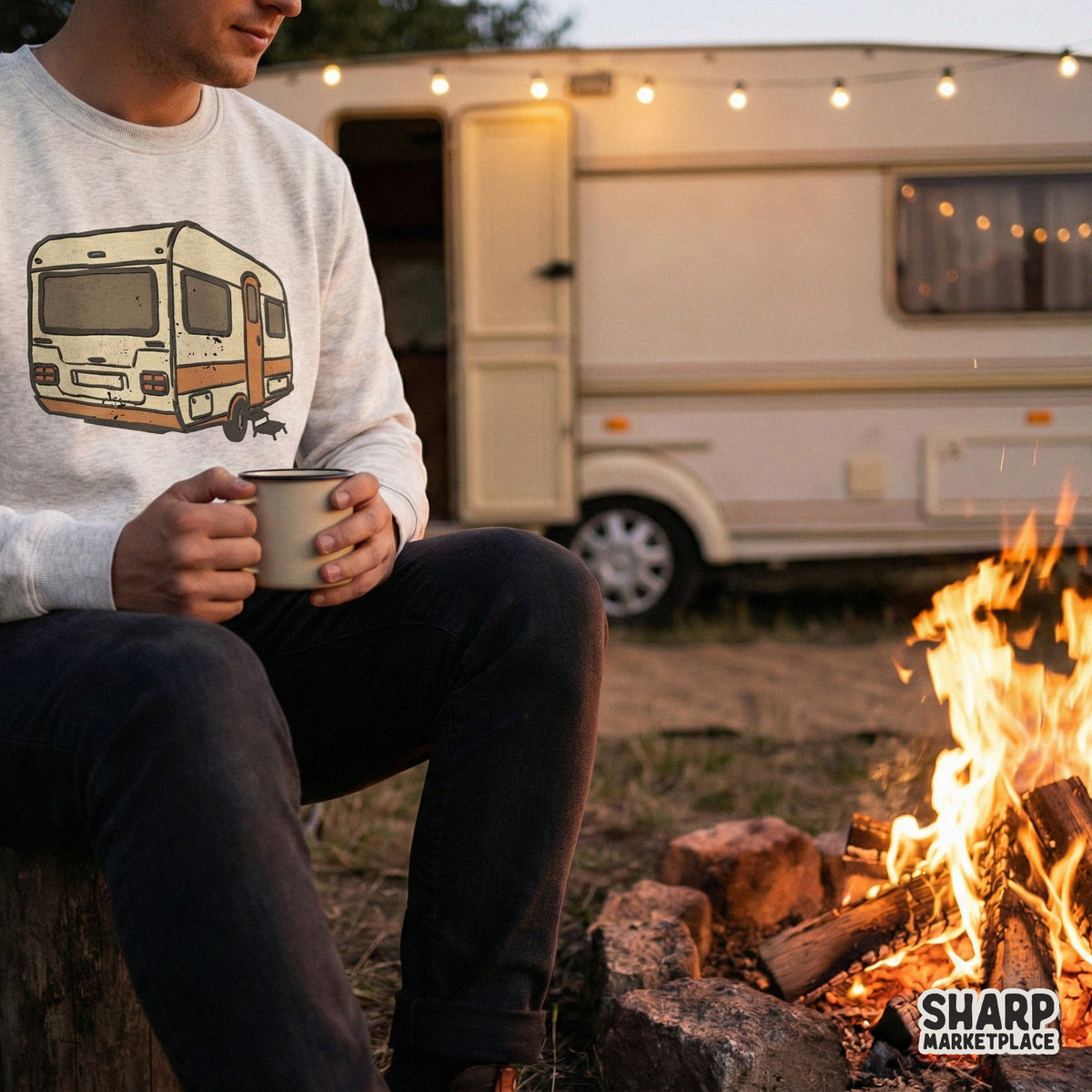 Distressed retro camper illustration in tan and orange, designed as a high-quality transparent file for custom apparel, tumblers, and adventure wall art.