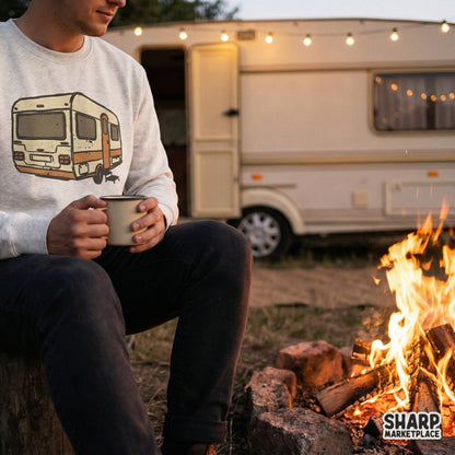 Distressed retro camper illustration in tan and orange, designed as a high-quality transparent file for custom apparel, tumblers, and adventure wall art.