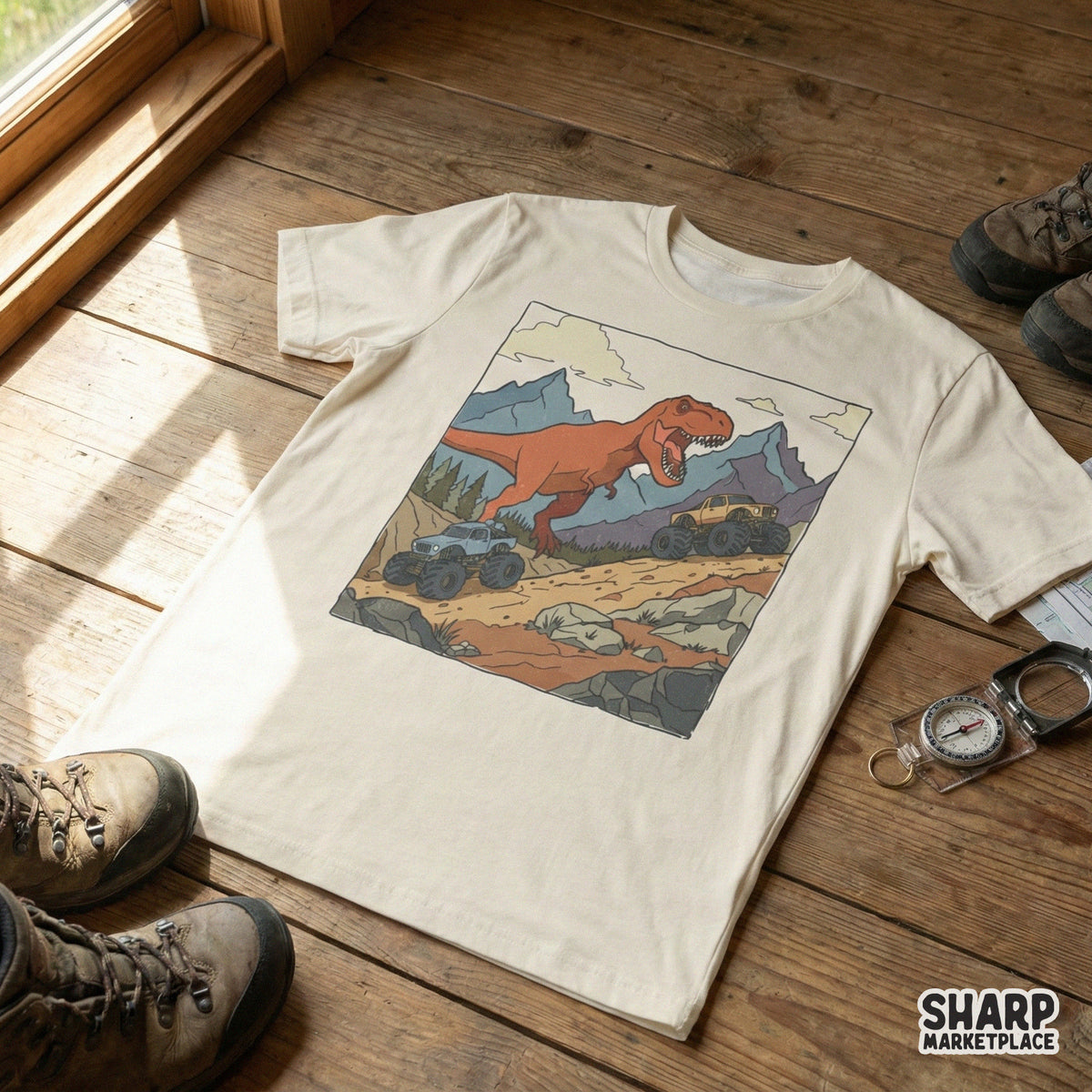 A digital graphic featuring a giant prehistoric reptile and two off-road trucks on a mountain path, perfect for custom t-shirt designs and DIY projects.