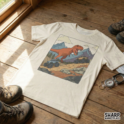 A digital graphic featuring a giant prehistoric reptile and two off-road trucks on a mountain path, perfect for custom t-shirt designs and DIY projects.