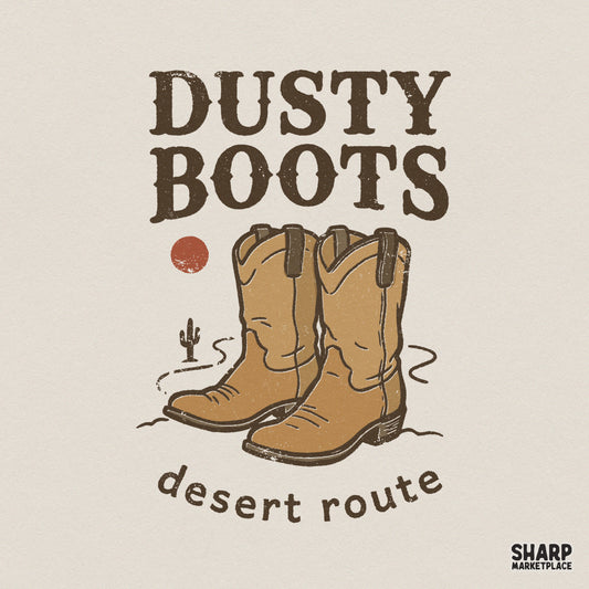 Vintage western design featuring tan cowboy boots, a small cactus, and a rustic red sun with the text Dusty Boots and desert route for apparel.
