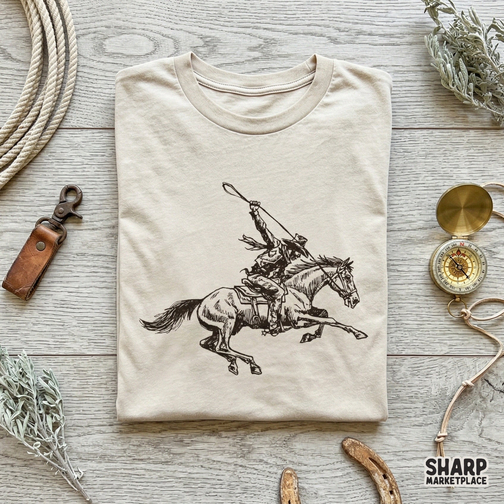 Detailed black and white western horse rider illustration, perfect for creating custom rodeo-themed t-shirts, stickers, and rustic wall art.
