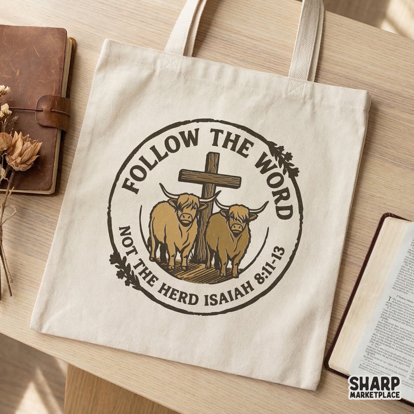 Distressed brown and ochre digital graphic featuring highland cows and a cross, perfect for faith-based sublimation shirts, stickers, or custom apparel.