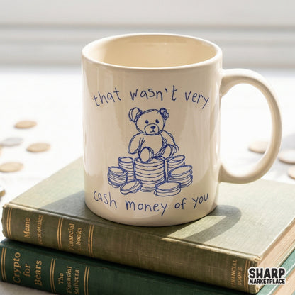 Digital download featuring a moody teddy bear sitting on coins with a sarcastic quote in a blue hand-drawn sketch style for trendy shirt designs.