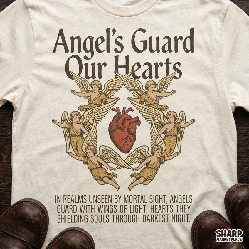 Gothic vintage Christian PNG art with anatomical heart and cherub guard design for faith-based shirt transfers